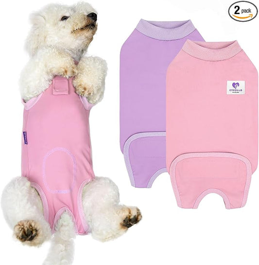 cyeollo 2pack Surgery Recovery Suit for Dogs Cats Soft Breathable Female Male Pet Bodysuit After Surgery for Spay, Neuter, Surgical Recovery Onesie Shirt for Small Medium Large Dogs, Pink & Purple, S