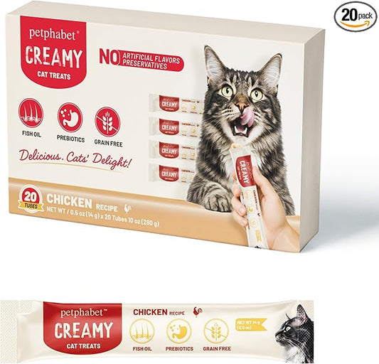 PETPHABET Lickable Cat Treats Squeeze, Creamy Puree Squeezable Wet Kitten Treats, Chicken Recipe 20 Tubes, Paste Snacks for Skin & Coat Health, Digestive Care, High Protein, Grain Free