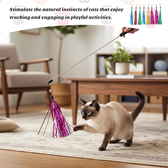 6 Pcs Cat Ribbon Toy, 9 Inches Cat Teaser Wand Toy Replacement with Bell Metallic Foil Tassel Interactive Wand Toys for Indoor Cats Kitten Chase Exercise (Multi Colored)