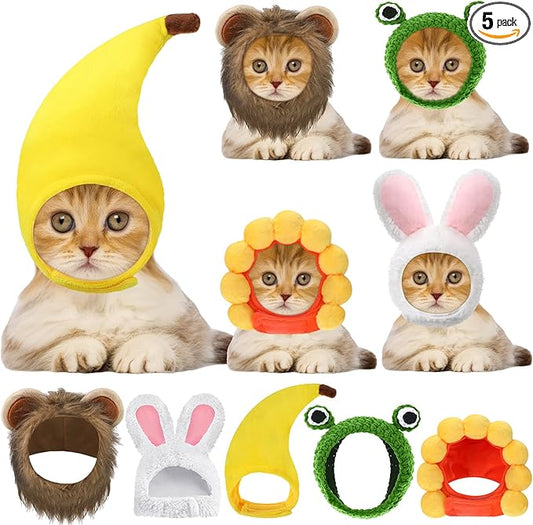 Weewooday 5 Pcs Cat Adorable Costume Bunny Hat with Ears Funny Mane Cat Hat for Pets and Small Dogs Kitten Puppy Party Costume Accessory Headwear(Lion, Frog, Rabbit, Sunflower, Banana)