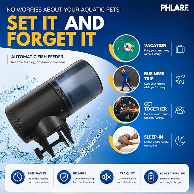 Automatic Fish Feeder for Aquariums - Rechargeable Auto Timer Feeder for Vacation | Fits Flakes & Pellets | 200ml Capacity