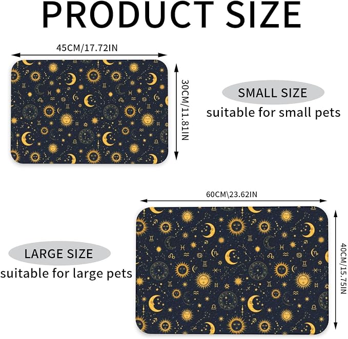 Dog Food Mats for Floors Boho Chic Art Golden Sun Moon and Stars Over Blue Black Sky Dog Accessories Pet Supplies