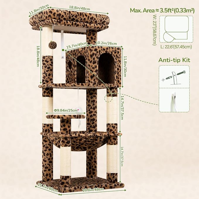 Globlazer Leopard Cat Tree Tower with Scratching Post for Indoor Cats, 53in Plush Multi-Level Cat Climbing Tower Condo House with Large Hammock, Spacious Cat Cave, Padded Top Perch, F53, Leopard Print