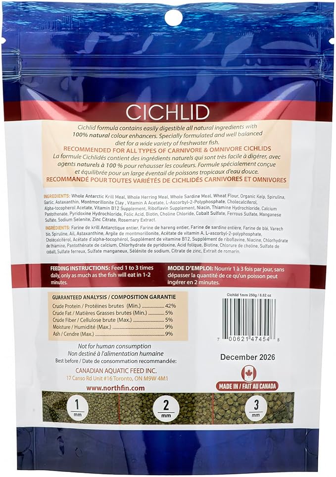 Northfin Cichlid Formula Fish Food – Slow Sinking Pellets for Cichlids (1mm, 250g) | Premium High-Protein, All-Natural Cichlid Diet to Enhance Color & Growth – No Fillers, No Hormones, Made in Canada
