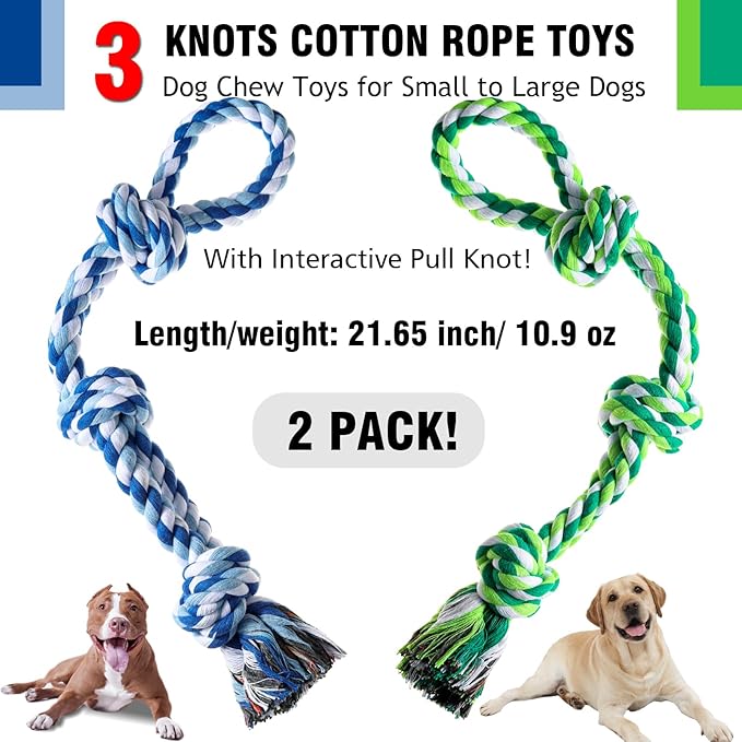 XIGOU Dog Rope Toy, 2 Pcs Indestructible Dogs Toys, Dog Chew Toys for Aggressive Chewers, Tough Puppy Teething Chew Toys for Boredom, Dental Cleaning Tug of War Dog Toy, Great for Small to Large Breed