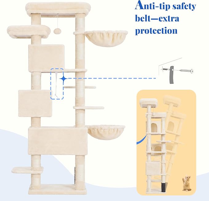 Hey-brother Cat Tree, 74 inches Multi-Level XL Large Cat Tower for Indoor Cats with Three Cat Condos, Two Large Top Decks and Cat Hairbrushfor Kittens, Cats and Pets, Beige MPJ035-MM
