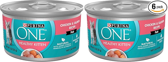 Purina ONE Grain Free, Natural Pate Wet Kitten Food, Healthy Kitten Chicken & Salmon Recipe - (Pack of 48) 3 oz. Pull-Top Cans