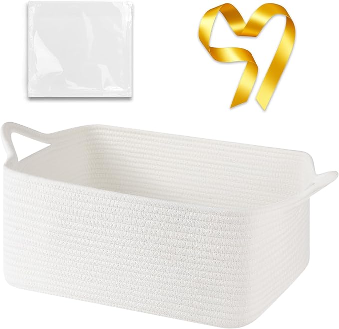 OIASKET Large Empty Gift Baskets for Baby Shower, 16.5" L x 12.6" W x 7" H Cute Woven Storage Basket with Gift Bags and Ribbons, Small Rope Toy Basket with Handles, Cat Dog Pet Toy Organizer - White