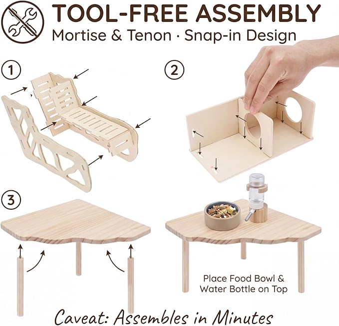 4 PCS Natural Wood Hamster Cage Accessories Set, Multi-Level Habitat Decor with Cloud Hideout, Climbing Ladder & Standing Platforms, Exercise Playground for Syrian Hamsters, Gerbils, Mice (B)