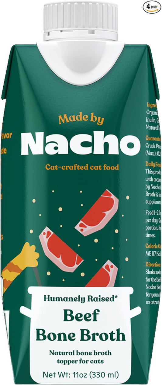 Made by Nacho Bone Broth Cat Food Topper for Hydration and Picky Eaters - Add Protein and Flavor to Your Dry Cat Food – Supports Optimal Nutrition, Digestion, Skin & Coat, 11 oz. Beef (Pack of 4)
