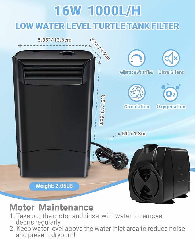 GOZILLA 265GPH Turtle Tank Filter,16W High Flow-Rate Adjustable Turtle Filter Fish Tank Filter, Silent Waterfall Aquarium Filter for Low Water Level Tank from 30 to 55 GAL.(Black)