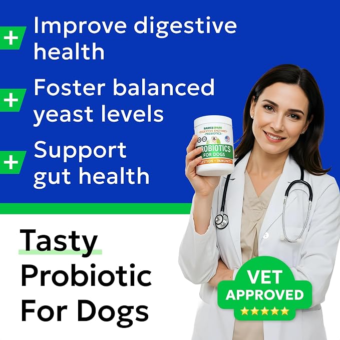 BARK&SPARK Dog Probiotics & Digestive Enzymes (Gut Health) Allergy & Itchy Skin - Pet Diarrhea Gas Treatment Upset Stomach Relief, Digestion Health Prebiotic Supplement Large Dog Treats (240Ct Bacon)