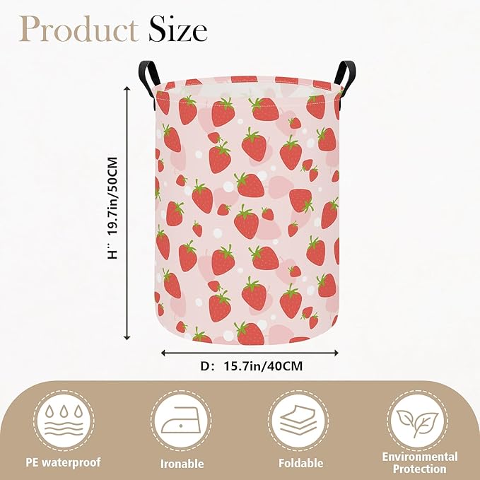 Collapsible Fabric Storage Basket, Waterproof Laundry Hamper with Handles, Round Storage Bin for Clothes Toys, Foldable Organizer for Bedroom Nursery Bathroom(Round-Pink Strawberry)