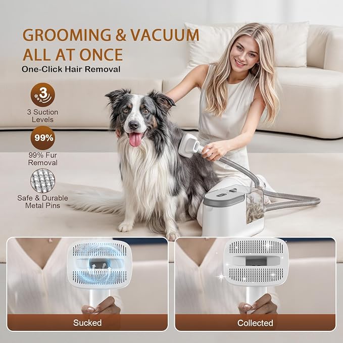Dog Grooming Vacuum, Dog Grooming Kit, 3 Suction Modes Dog Brush Vacuum with 5 Pet Grooming Tools (Off-white)
