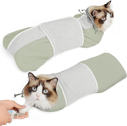 Supet Cat Grooming Wrap for Cutting Nails, Self-Adhesive Anti-Scratch Swaddle with Bite-Proof Mesh Hood & Thick Waist Strap Anti-Escape Bag for Nail Trimming, Medication, Ear Cleaning (Green S)