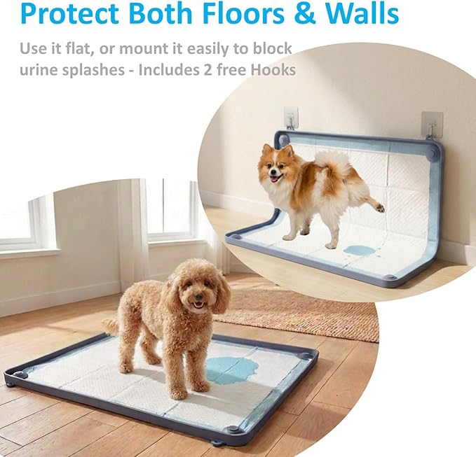 2-in-1 Silicone Dog Pee Pad Holder Tray, 24”x24” - Non-Slip Potty Training Tray for Puppies & Small Dogs with Corner Snaps, Raised Edges - Wall-Mountable Indoor Dog Toilet & Splash Guard