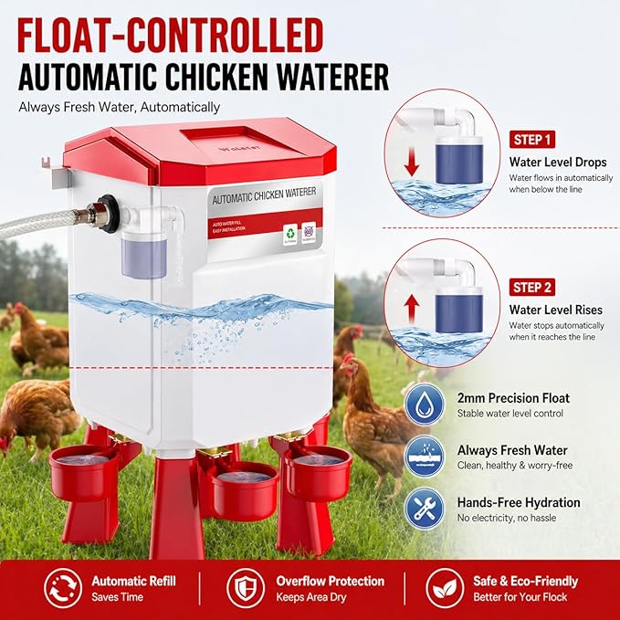 Automatic Chicken Waterer 2 Gallons, Chicken Water Feeder with Float Valve & 4 Water Cups, 13FT Hose Poultry Waterer System, Chicken Coop Water Dispenser for Chickens Ducks Quail Turkey (Red, 2 GAL)