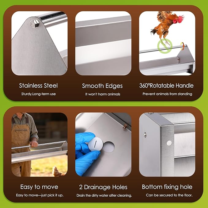 Chicken Feeding Trough 45" Stainless Steel Double Sided Poultry Chicken Feeder Trough Heavy Duty with Crossbar Large Capacity for Chicken Duck Goose Quail