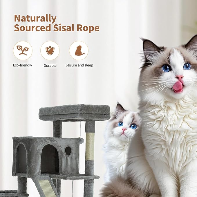 68.9-inch (175cm) Multi-Level Cat Tree with 2 Scratching Boards, 2 Plush Beds, Hammock & Toy Ball for Indoor Cats(Grey)