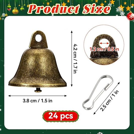 Craft Bells, 24 PCS Bronze Jingle Vintage Bells (1.7" X 1.5") with Spring Hooks, Small Brass Bell for Dog Potty Training Doorbell Wedding Decor DIY Favor Crafts Christmas Tree