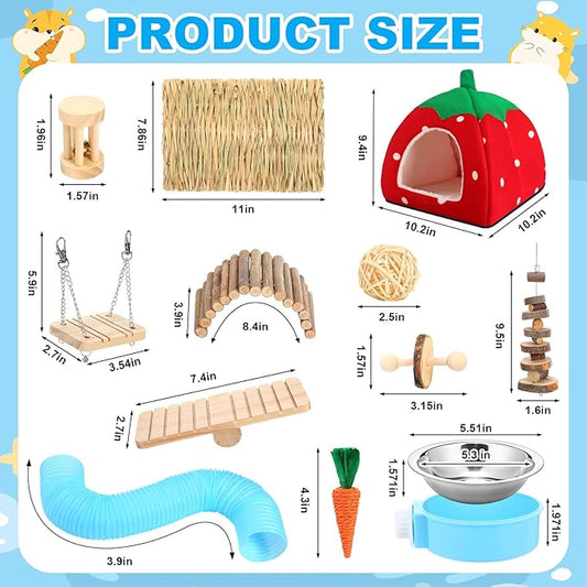 Youyole 13 Pcs Guinea Pig Starter Kit Hamster Toys Bed Guinea Pig Cage Accessories with Tunnel Grass Mats Pet Food Bowl for Christmas Chinchillas Hedgehogs Ferrets Rabbit Hideout Essentials(Red)