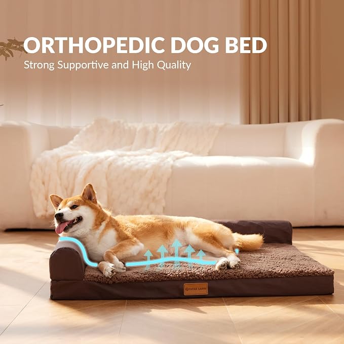 Patas Lague Orthopedic Jumbo Dog Bed for Extra Large Dogs 56''X40'', Waterproof L Bolster Jumbo Pet Sofa Beds with Removable Washable Cover, Soft Pet Couch Crate Mat with Nonskid Bottom, Brown