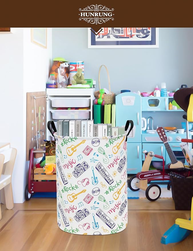 Collapsible Fabric Storage Basket, Waterproof Laundry Hamper with Handles, Round Storage Bin for Clothes Toys, Foldable Organizer for Bedroom Nursery Bathroom(Round-Musical instrument)