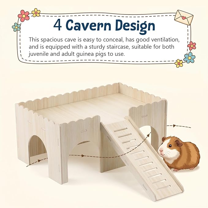 1 Set Large Guinea Pig Hideout, Detachable Wooden Guinea Pig Castle with Stairs, Easy Assembly Guinea Pig House for Small Animals Perfect Guinea Pig Cage Accessories Small Animals