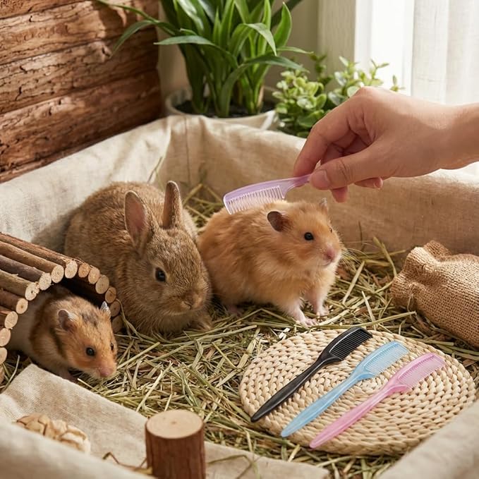 4-Pack Hamster Grooming Combs and Small Pet Hair Brushes for Hamsters, Rabbits, Guinea Pigs, Mice and Other Tiny Animals