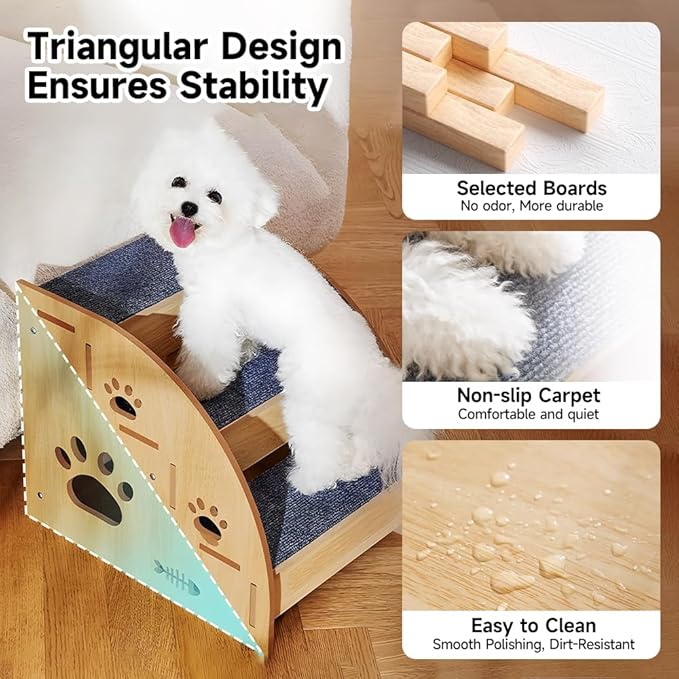 Pet Steps for Small Dogs,Wooden Cat Stairs for Old Cats,Doggy Dog Steps for Bed Couch Sofa Windows,3-Step Ladder, 16" L x 12" W x 14" H，Suitable for Height 14-17in