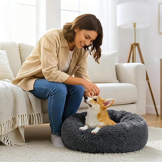 Calming Large Donut Dog and Cat Bed, Anti-Anxiety Round Soft Fluffy Plush Faux Fur Washable Anti-Slip Pet Bed for Medium Dogs Up to 35 lbs 28in Dark Gray