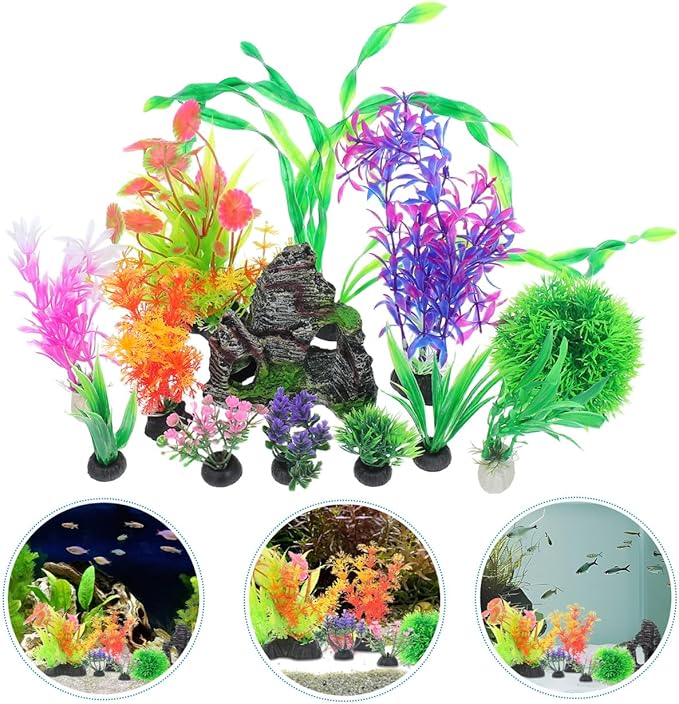 Toyvian Aquarium Decorations Set, 13piece Lifelike Artificial Aquatic Plants with Realistic Rock Cave Hideout Fish Tank Accessories Kit for Goldfish and Tropical Fish