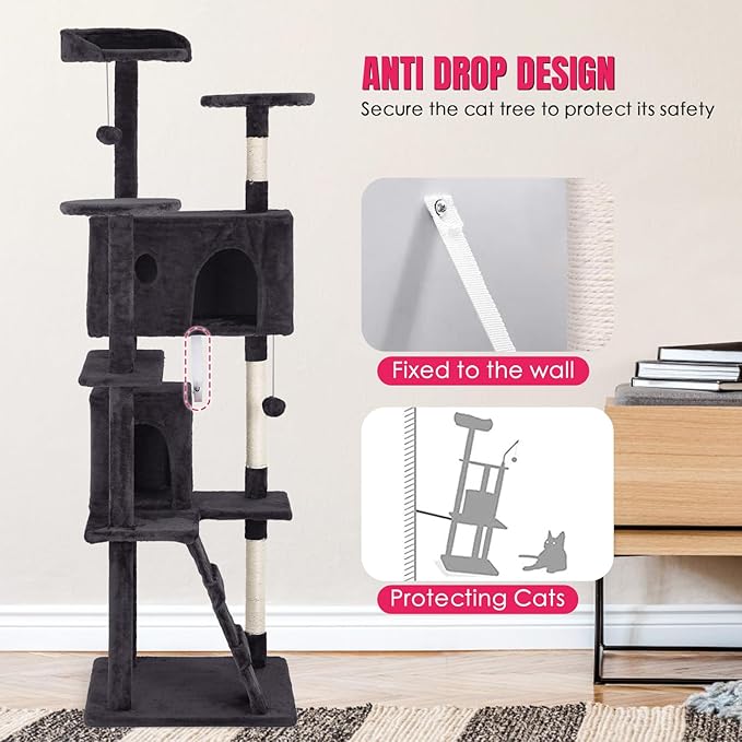 PayLessHere 70in Multi-Level Cat Tower with Scratching Post, Cat Condo Stand House, Indoor Kitty Activity Center with Furry Ball Toys, Ashy