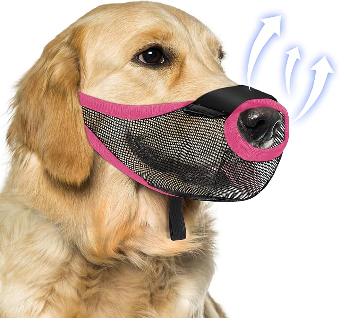 Dog Muzzle, Soft Air Mesh Muzzles for Large Sized Dogs, Breathable Dog Mussels for Scavenging Biting Licking & Barking, Adjustable Mouth Guard with Front Opening, Allows Panting and Drinking (Pink,L)