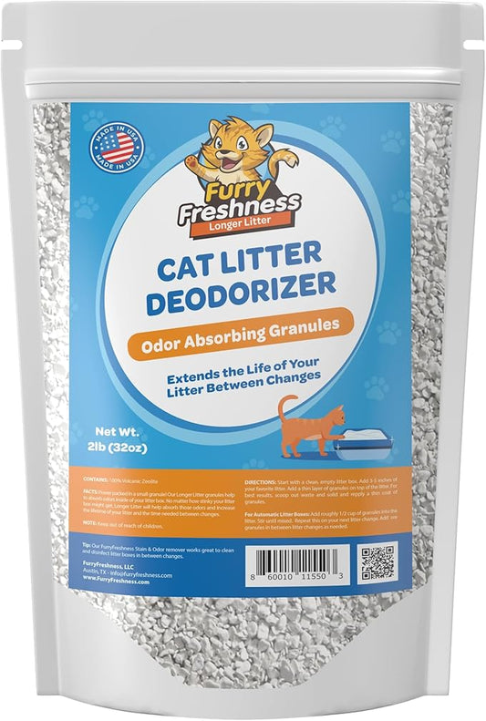 FurryFreshness Cat Deodorizer & Box Odor Eliminator - Works With All Litters To Increase Litter Life - Made In USA - Nontoxic, Fragrance Free Odor Control (2 Lbs)