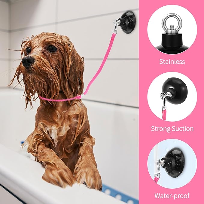 Frienda 4 Pcs Dog Bathing Tether with Suction Cup Cat Restraint for Bathing Dog Grooming Tub Restraint Loops Adjustable Cat Fixed Safety Rope for Pet Shower Grooming Helper(Blue Pink Bright Green)