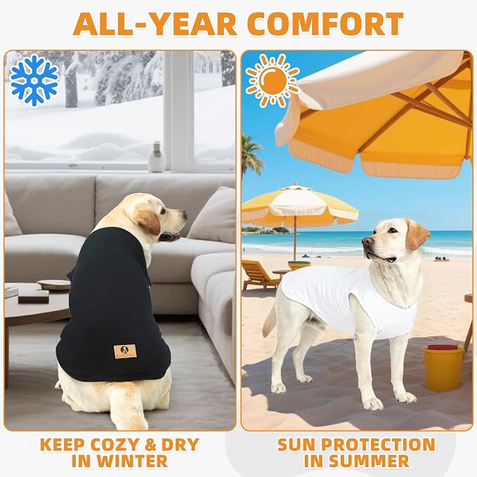 KOOLTAIL Large Dog Clothes for Boy Girl, 2 Pack Cotton Summer Dog T Shirts UV & Insect Protection for Outdoor Camping, Anti-Hair Loss Breathable Sleeveless Pet Vest Tank Tops Apparel, Black & White, L