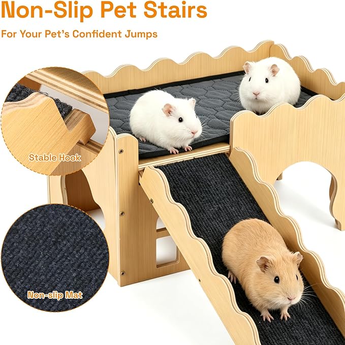 Wooden Guinea Pig Hideout Cave House, Guinea Pig Castle with Natural Cave-Style Entrance, Large Small Animal Habitat with Stairs, Waterproof Liner, Easy Assembly for Guinea Pigs, Rabbits & Hamsters
