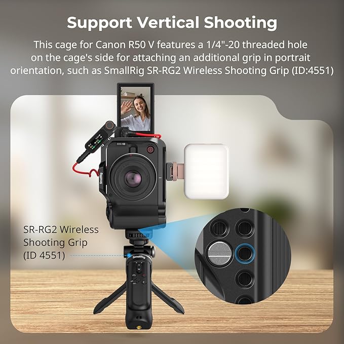 SmallRig R50 V Camera Cage for Canon R50V, Built-in Ergonomic Silicone Grip, QR Plate for Arca, 1/4"-20 Threaded Hole, 3/8"-16 Holes for ARRI, Cold Shoe, QD Sockets, Vertical Shooting(Black)-5427