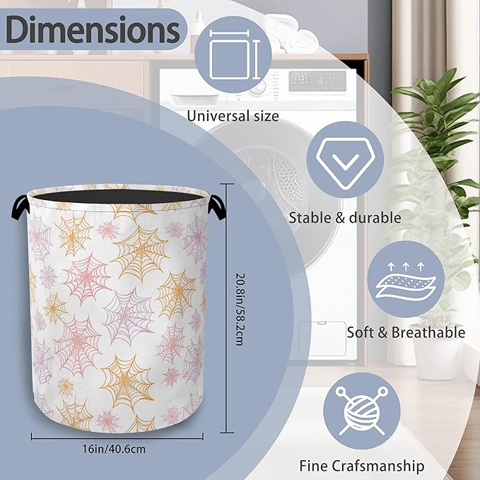 Colorful Spider Web Laundry Basket,Halloween Foldable with Handles Tote Bag Oxford Cloth for Bathroom Bedroom Dirty Clothes Storage Bucket 16" x 20.8"