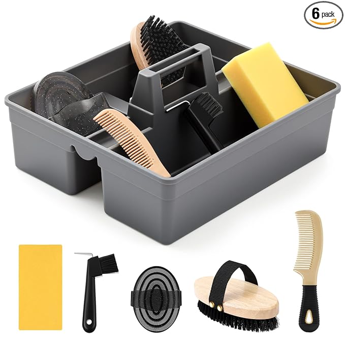 Abbylike Horse Grooming Kit with Tote Bag, 6-Piece Horse Care Set with Brush, Comb & Hoof Pick, Portable Grooming Supplies Organizer(Gray)