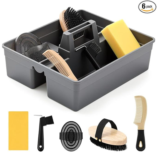 Abbylike Horse Grooming Kit with Tote Bag, 6-Piece Horse Care Set with Brush, Comb & Hoof Pick, Portable Grooming Supplies Organizer(Gray)