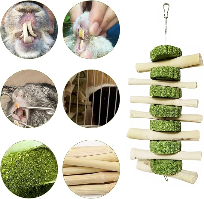 kathson 2 PCS Bunny Chew Toys for Teeth Natural Rabbit Toys Hanging Sweet Bamboo Chews with Grass Cake Guinea Pig Toys Snack Treat for Hamster Chinchilla Rats
