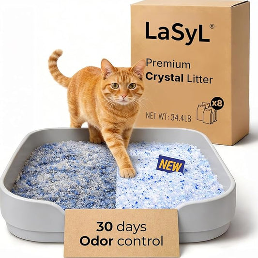 LaSyL Crystal Cat Litter for Multi-Cat Households - 34.4 lb Silica Gel, 30-Day Odor Control, 99.9% Dust-Free Non-Clumping Low Tracking Lightweight Unscented Formula (8 Bags x 4.3lb)