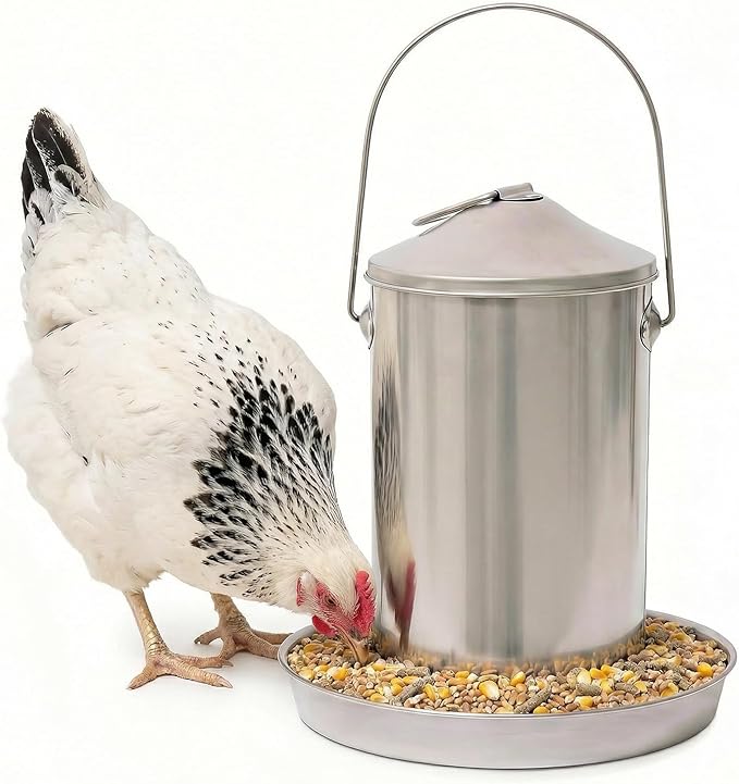 Plexon 6.6 Lb Hanging Chicken Feeder No Waste – Stainless Steel Poultry Feeder with Handle, Heavy Duty Metal Feeder for Chickens Ducks Turkeys, Backyard Coop