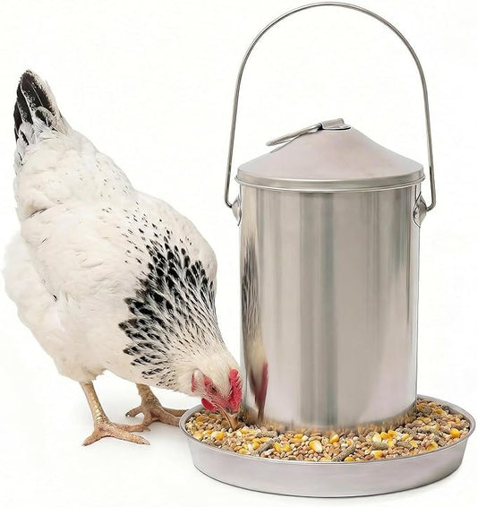 Plexon 6.6 Lb Hanging Chicken Feeder No Waste – Stainless Steel Poultry Feeder with Handle, Heavy Duty Metal Feeder for Chickens Ducks Turkeys, Backyard Coop