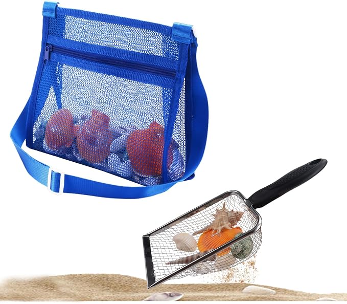 MUYIZI Beach Mesh Shovel with Mesh Shell Bags, Kids Filter Sand Scooper for Picking Up Shells,Shark Tooth Sifter Dipper for Boys and Girls,Beach Toys Accessories (Sapphire Blue)