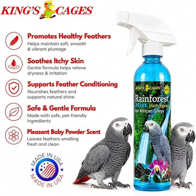 Kings Cages Rainforest Mist Feather Bath Spray for African Greys and Amazons 17oz Baby Powder Scent Condition Plumage Relieves Dry Itchy Skin Helps Prevent Feather Plucking