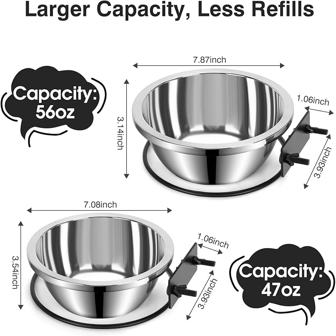 Dog Crate Bowls Hanging No Spill, 2 Pack Crate Water Bowl Kennel Food Bowl | Mountable 47oz & 56oz Stainless Steel Dog Bowls Water Dispenser Set, Metal Feeder Dish Cage Accessories for Large Medium Pet