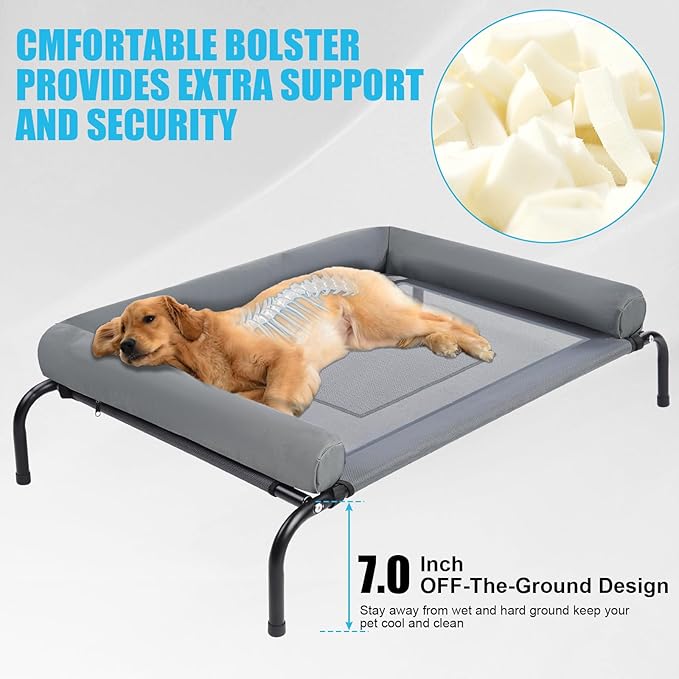 42''Cooling Elevated Dog Bed with Pillow,Outdoor Indoor Raised Dogs Bed with Six Support Feet,Breathable Dog Cot Beds Teslin Medium Large Size Dogs,Pet Hammock Beds, Pet Beds with 4 Ice Pack(Medium)